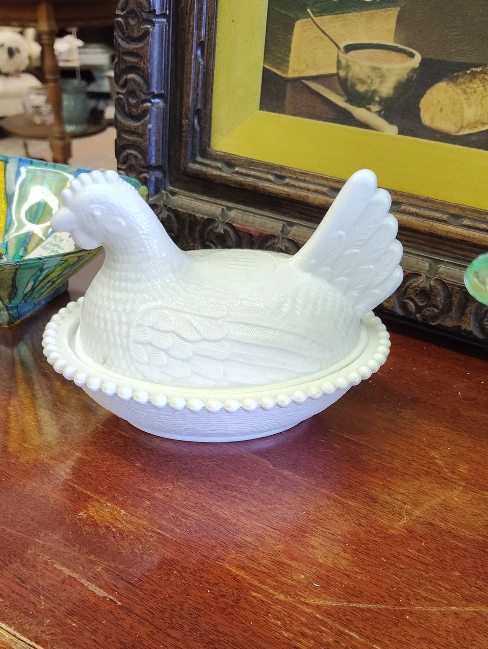 White Milk Glass Hen on Nest Covered Dish